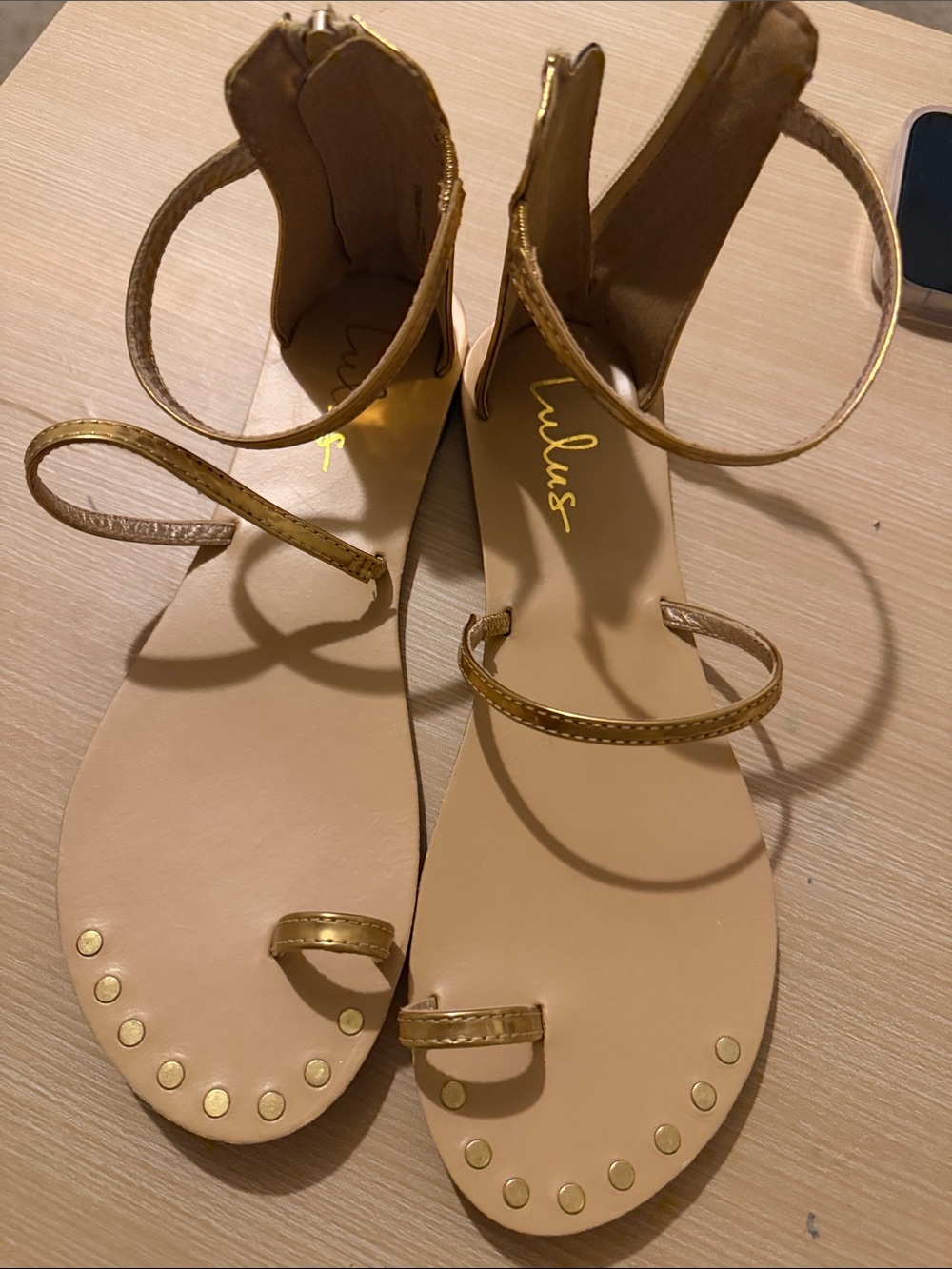Lulu's Metallic Gold Strappy Toe-Loop Sandals